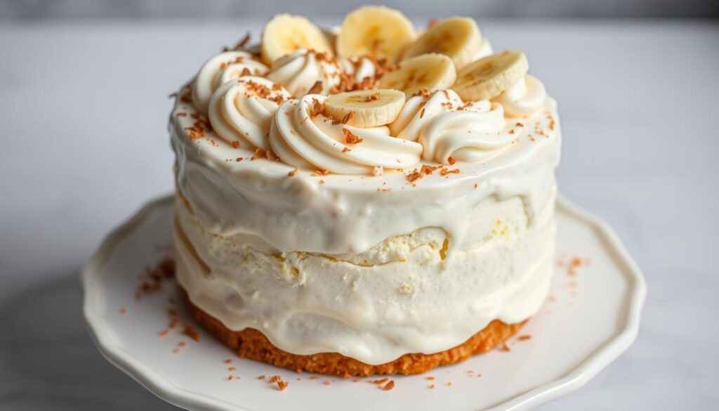 A beautifully decorated banana cake, adorned with a luscious cream cheese frosting. The moist, golden sponge is topped with swirls of silky, off-white frosting, artfully applied with a palette knife. Fresh banana slices and a scattering of toasted coconut flakes add a tropical flair, while a dusting of cinnamon lends warmth. The cake is presented on a white ceramic platter, bathed in soft, diffused lighting that accentuates its tempting allure. The composition is centered, allowing the cake to take center stage, inviting the viewer to imagine the satisfying flavors and textures.