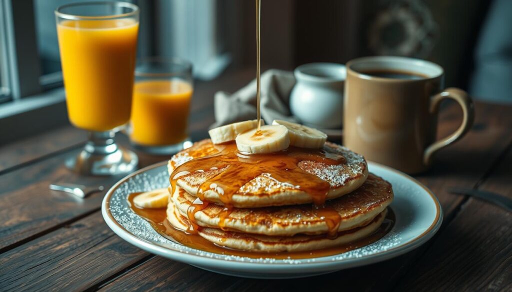 A cozy, inviting scene of freshly prepared banana-cake-mix pancakes drizzled with maple syrup, arranged alongside a glass of orange juice and a steaming mug of coffee on a rustic wooden table. Warm, soft lighting illuminates the scene, casting a gentle glow over the delectable breakfast spread. The pancakes are garnished with sliced bananas and a dusting of powdered sugar, creating a visually appealing and appetizing presentation. The overall atmosphere evokes a sense of comfort and relaxation, setting the stage for an enjoyable breakfast or brunch experience.