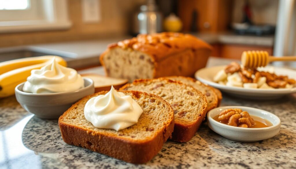 A cozy kitchen counter showcases a freshly baked banana nut bread, its golden crust glistening under soft, warm lighting. Slices are beautifully arranged, accompanied by an array of suggested toppings: a dollop of creamy whipped cream, a sprinkle of toasted walnuts, and a drizzle of honey, inviting the viewer to imagine the comforting flavors and textures. The scene exudes a homey, inviting atmosphere, capturing the perfect serving suggestions for this delightful quick bread.