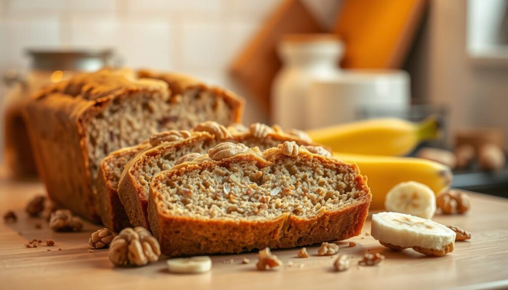 A cozy kitchen counter showcases a freshly baked loaf of banana nut bread, its golden crust glistening under warm, soft lighting. Slices are arranged artfully, revealing the moist, nutty interior. Walnuts and banana slices are scattered around, adding textural interest. The scene exudes a sense of homemade comfort and culinary expertise. A clean, minimalist backdrop allows the delectable bread to take center stage. The composition is balanced, with attention to light, shadow, and depth of field to create an appetizing, professional-quality image.
