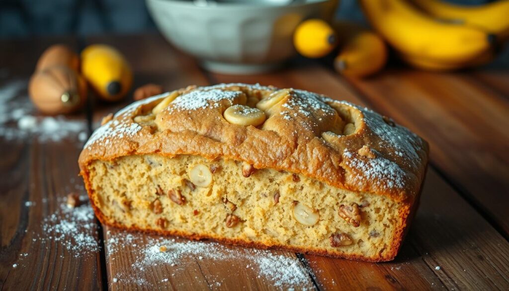 A freshly baked, golden-brown banana bread on a rustic wooden table, the surface lightly dusted with flour. The bread's moist, fluffy texture is visible, dotted with soft banana chunks and walnuts. Warm, comforting lighting casts a soft glow, accentuating the bread's homemade appeal. In the background, a few ripe bananas and a mixing bowl hint at the simple, cake-mix-based preparation. The overall scene exudes a homey, inviting atmosphere, perfectly showcasing a creative variation on traditional banana bread.