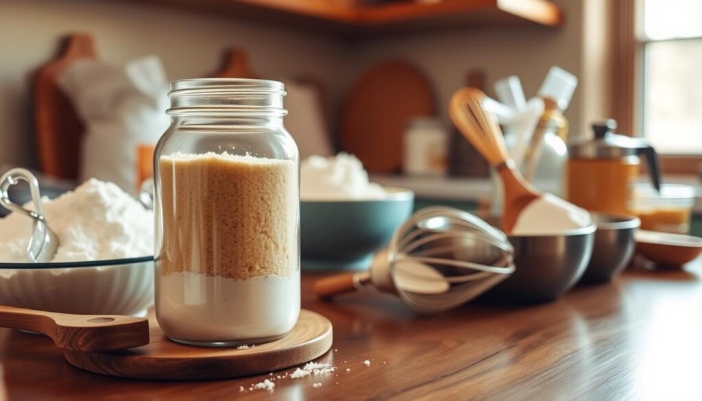 A neatly organized kitchen counter with a glass jar filled with organic banana cake mix. The jar is placed on a wooden surface, surrounded by baking ingredients like flour, sugar, and a whisk. Warm, natural lighting streams in from a nearby window, casting a soft glow on the scene. The atmosphere is cozy and inviting, encouraging the viewer to bake a delicious homemade cake. The image captures the essential tips for properly storing and preparing the banana cake mix, making it an ideal visual accompaniment to the article's "Tips for Storing and Serving" section.