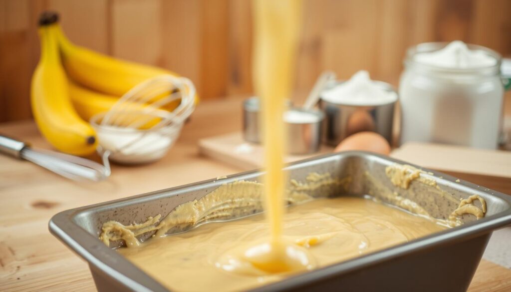 A step-by-step visual guide to baking the perfect banana bread loaf. In the foreground, a freshly mixed batter is being poured into a buttered baking pan. Warm, golden color fills the frame, with a slight blur to suggest the motion of mixing. In the middle ground, various baking tools and ingredients are neatly arranged - a whisk, measuring cups, ripe bananas, and flour. The background is softly blurred, hinting at a cozy kitchen setting with wood tones and natural light filtering in. The overall mood is one of homey comfort and the satisfying process of creating a delicious, wholesome treat.