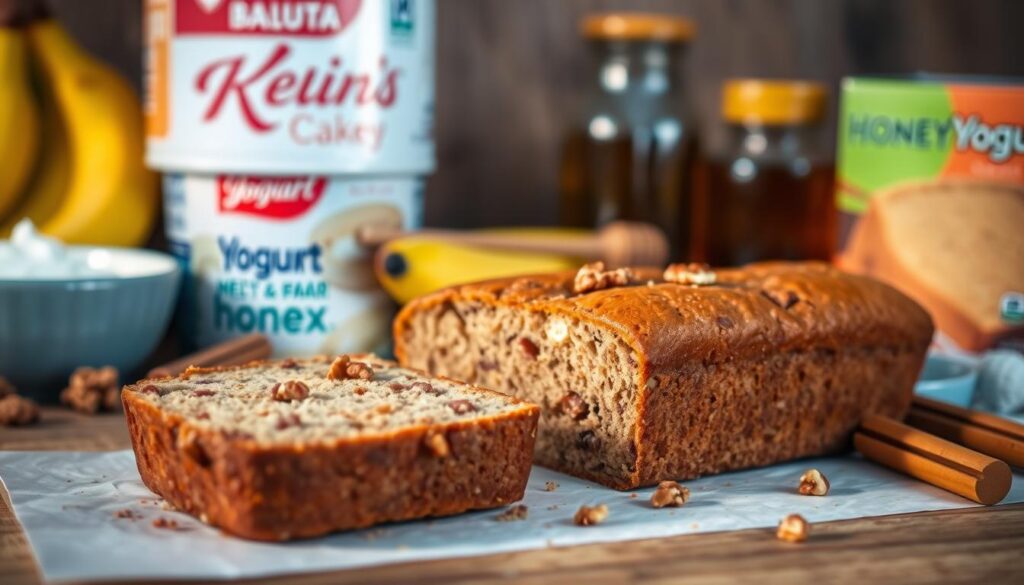 A tempting banana bread loaf in the foreground, its golden crust glistening under warm, natural lighting. Sliced open, revealing a moist, tender crumb speckled with chopped walnuts and hints of cinnamon. Alongside, several baking ingredients are artfully arranged - ripe bananas, yogurt, honey, and a box of cake mix, hinting at healthier alternatives to the traditional recipe. The scene is captured with a shallow depth of field, creating a cozy, inviting atmosphere that beckons the viewer to dive into this delightful, guilt-free treat.